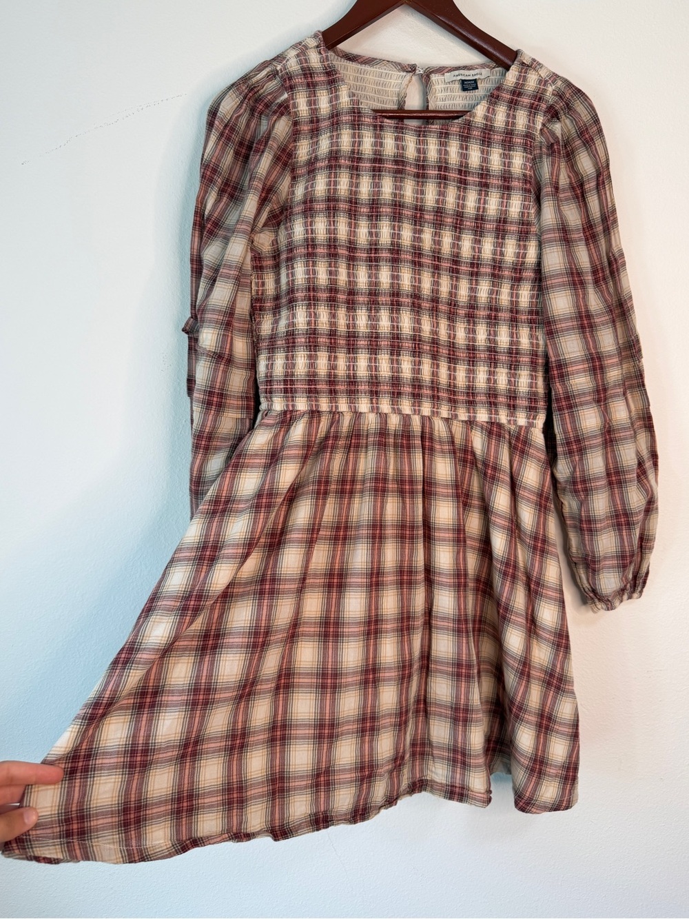 American Eagle Plaid Smocked Mini Dress Womens M Balloon Sleeves Preppy Heritage